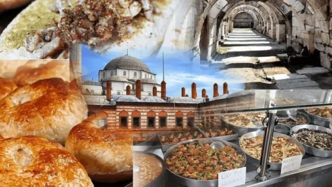 A collage showcasing various scenes related to food and architecture. In the top left, there is an image of a flatbread topped with minced meat mixture. Below it, golden brown round pastries, possibly bourekas, are displayed. To the right, a variety of dishes are served in a food counter, with labels indicating their names. Prominent in the background is a historical building with a dome and multiple chimneys, suggesting an old public building or a bathhouse. The top right picture features an ancient stone archway, giving the impression of a historical ruin or pathway.