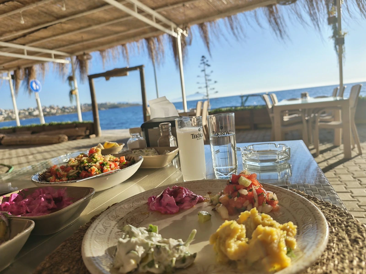 Turkish meze spread served with raki by the sea