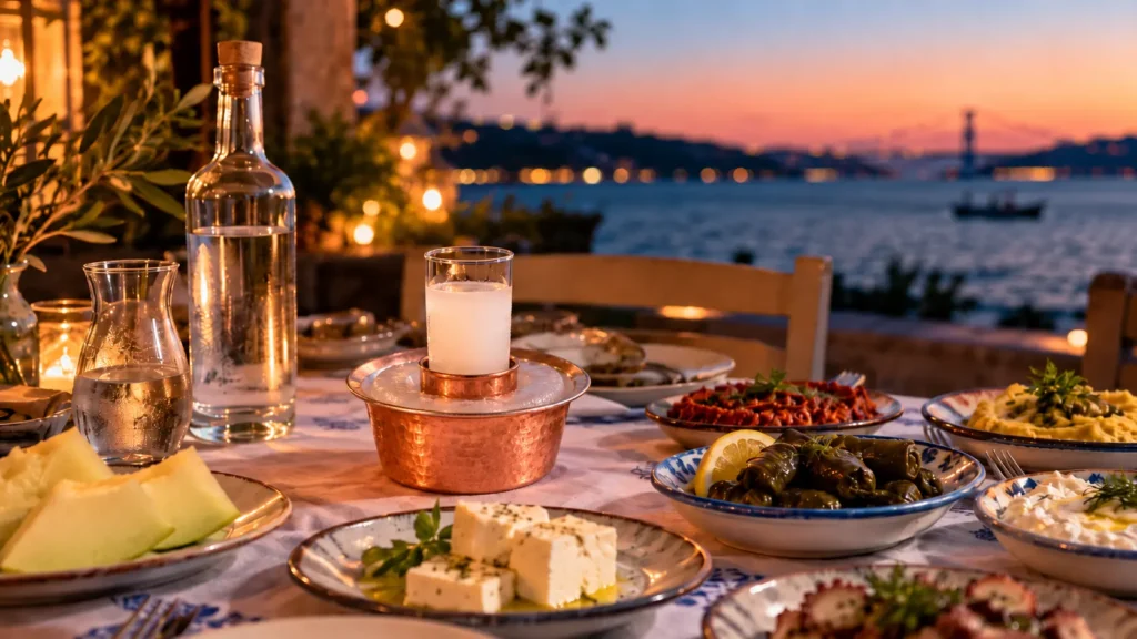 Rakı glass in an ehli keyif surrounded by meze dishes