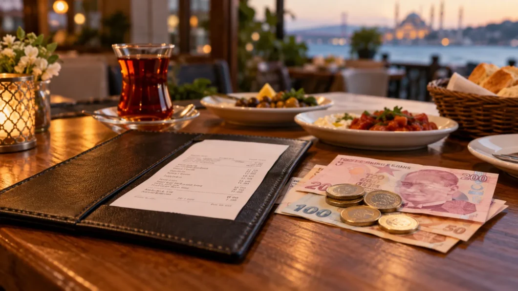 Cash tip left beside a restaurant bill in Turkey