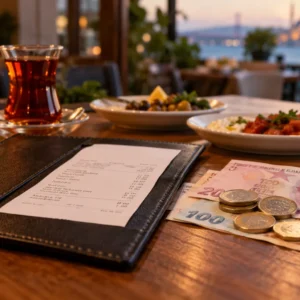 Cash tip left beside a restaurant bill in Turkey