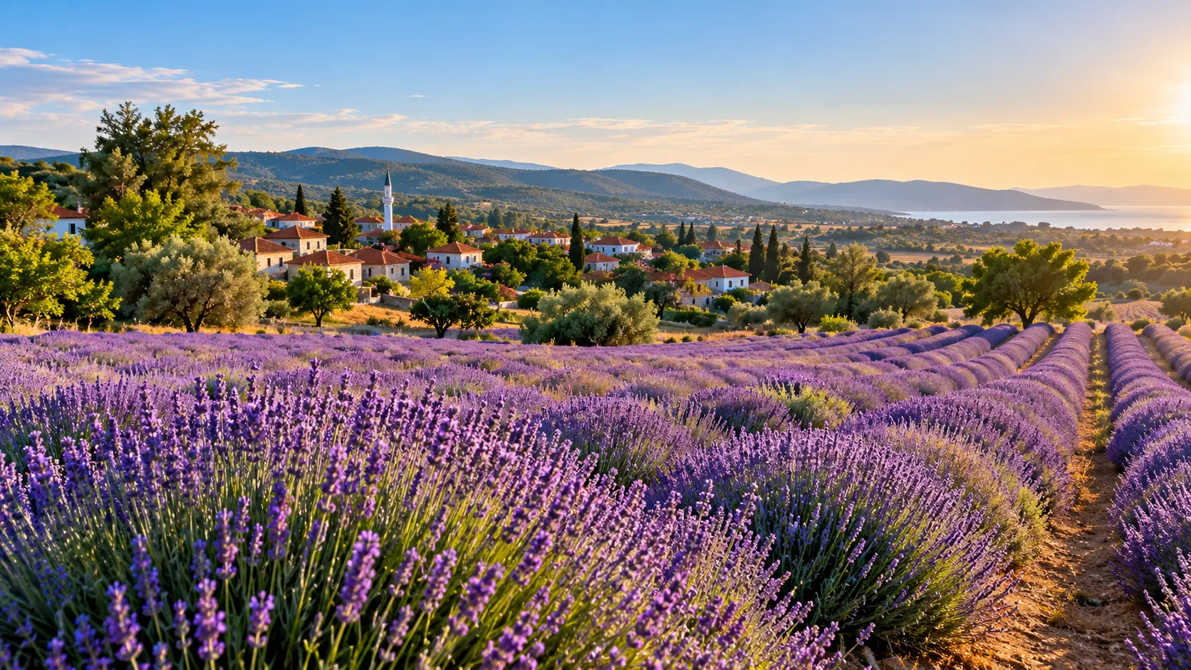 Early morning lavender rows representing Turgut Village near Seferihisar
