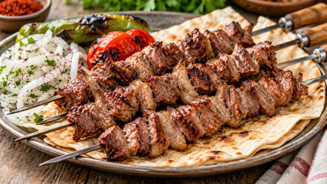 Traditional Erzurum cağ kebab served on skewers with lavash, onions, grilled tomatoes and peppers