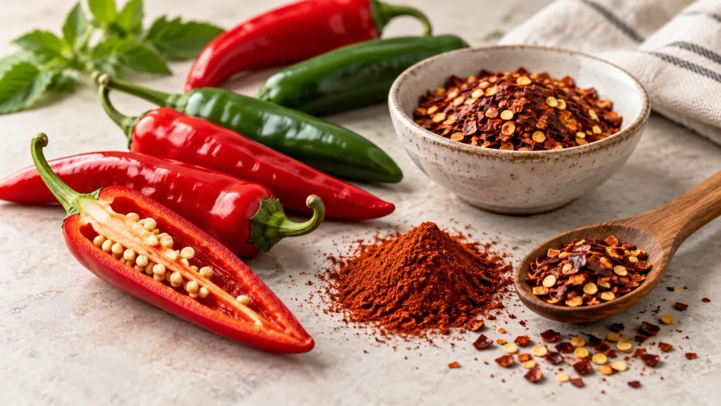 Fresh chili peppers with chili powder and red pepper flakes