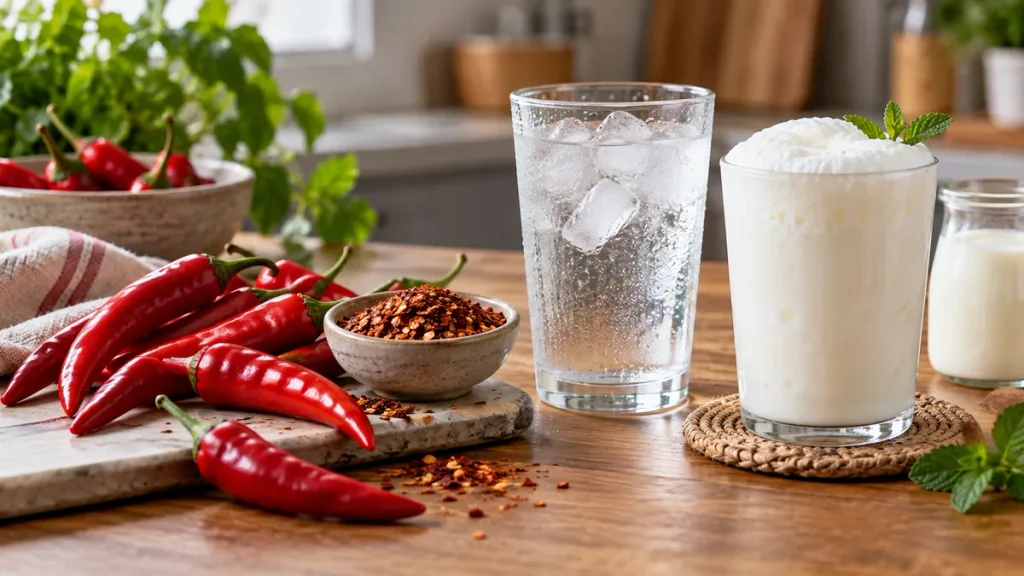 Chili peppers beside ice-cold water and ayran