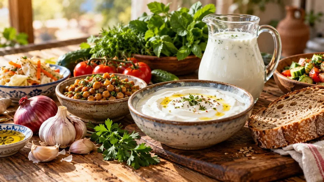 Yogurt, ayran, chickpeas, whole-grain bread, garlic and vegetables on a rustic table