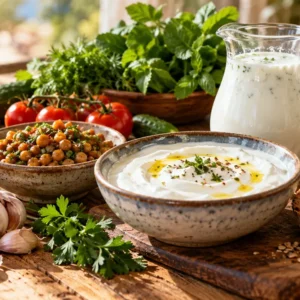 Yogurt, ayran, chickpeas, whole-grain bread, garlic and vegetables on a rustic table