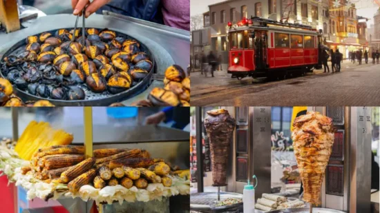 A vibrant montage showing the variety of Istanbul's street food offerings, including a chestnut stand, a historical red tram moving through a crowded street, a display of roasted corn, and a rotating spit of döner kebab meat.