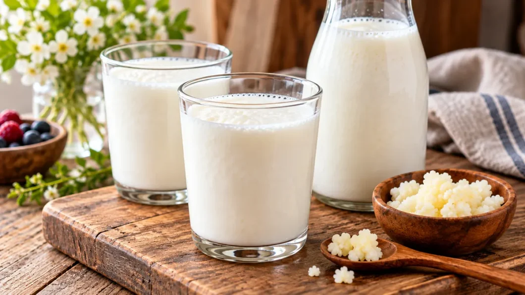 Glasses of fermented milk with kefir grains on a wooden table