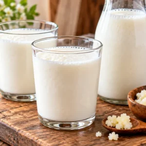 Glasses of fermented milk with kefir grains on a wooden table
