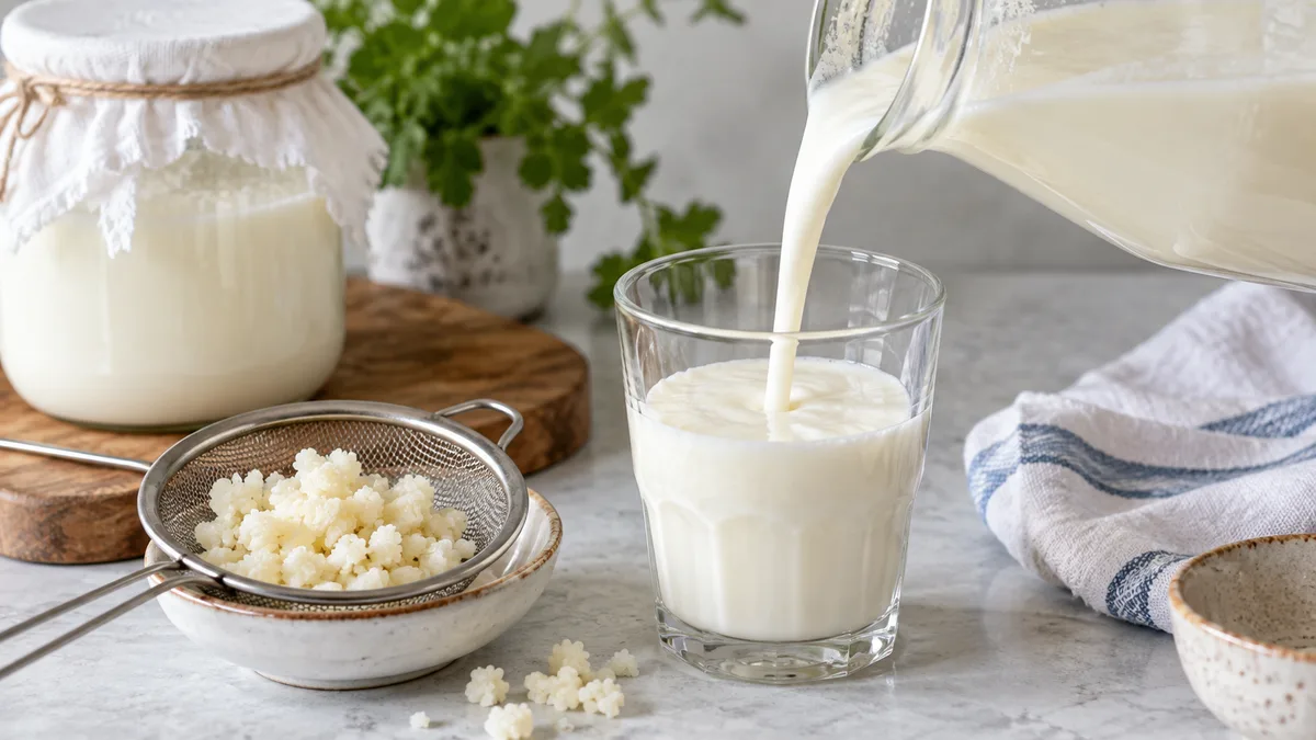 Kefir being poured into a glass beside kefir grains