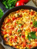 The first image displays a close-up of menemen, a traditional Turkish dish, served in a black cast-iron skillet. The skillet sits on a wooden board, accompanied by slices of bread, a fresh tomato, and a sprig of parsley. The menemen itself is colorful, with bright red tomatoes, green peppers, and yellow eggs mixed together, garnished with green parsley on top.