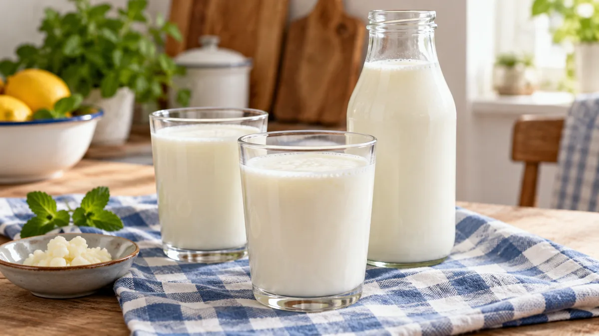 Plain kefir in glasses with a bottle and kefir grains