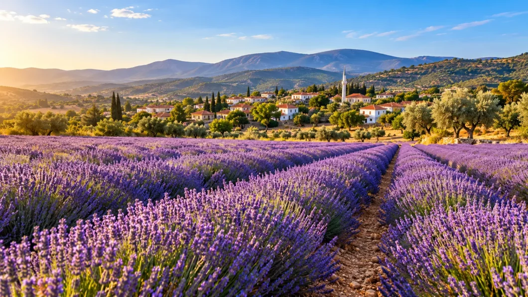 Lavender fields and an Aegean village landscape representing Turgut Village near Seferihisar