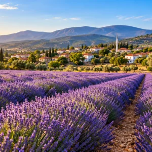 Lavender fields and an Aegean village landscape representing Turgut Village near Seferihisar