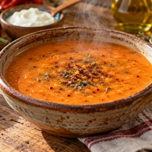 Traditional Turkish tarhana soup with bread, tomatoes, peppers and yogurt