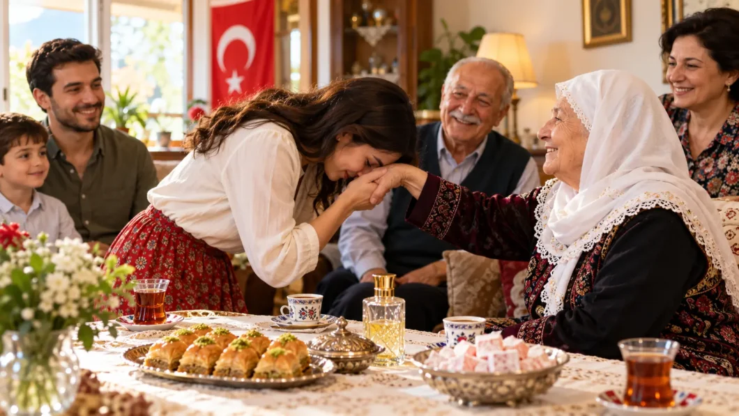 Young woman kissing an elder's hand during a Turkish bayram family visit, with tea, baklava and sweets on the table