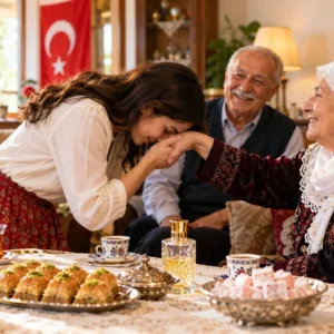 Young woman kissing an elder's hand during a Turkish bayram family visit, with tea, baklava and sweets on the table
