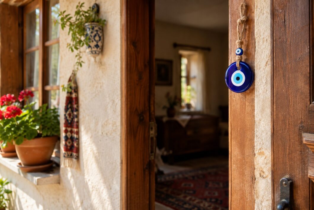 Blue nazar boncuğu hanging near the entrance of a Turkish home