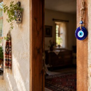 Blue nazar boncuğu hanging near the entrance of a Turkish home