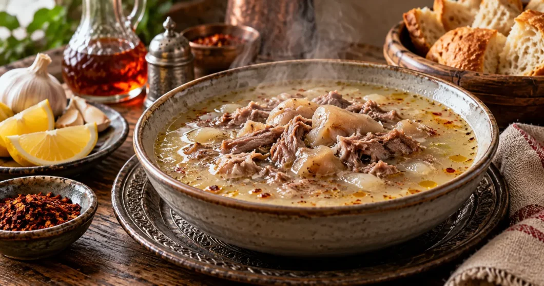Kelle paça soup with tender meat, lemon, garlic and red pepper
