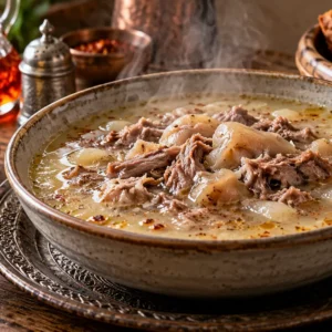Kelle paça soup with tender meat, lemon, garlic and red pepper