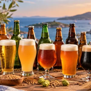 Assorted Turkish beer bottles and glasses representing major and craft beer brands in Turkey